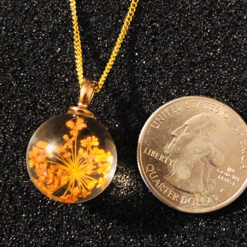 Pressed Orange Flower Glass Pendant Necklace